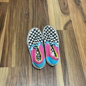 Vans size 6.5 men’s but fit size 8 in women’s, checkered blue yellow and pink